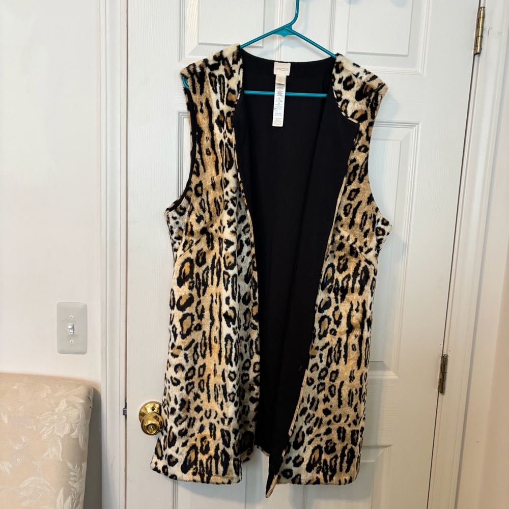 Chico's Long Faux Fur Cheetah Print Open Vest